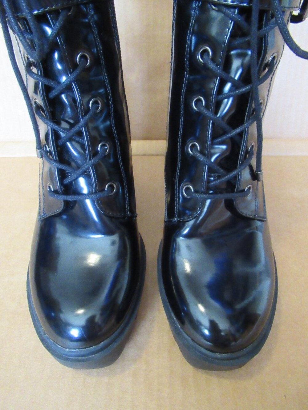 NWT Forever 21 Black Patent Lace Up Buckle Chunky Heel Ankle Boots | Size 7 - Picture 6 of 16